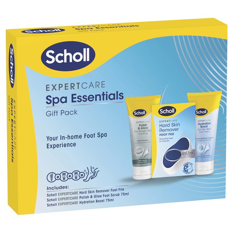 Scholl ExpertCare Spa Essentials Gift Pack, containing bottles of foot care products including Hard Skin Remover, Polish & Glow Foot Scrub, and Hydration Boost cream.
