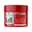 Red jar of Schwarzkopf Taft Styling Gel with 'Extra Strong Hold' label on a white background