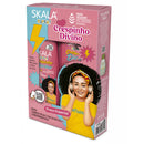 Skala hair care product packaging with a woman wearing headphones and a headband.