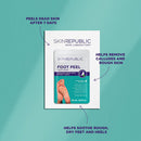 Skin Republic Foot Peel packaging on a teal background with text highlighting product benefits.
