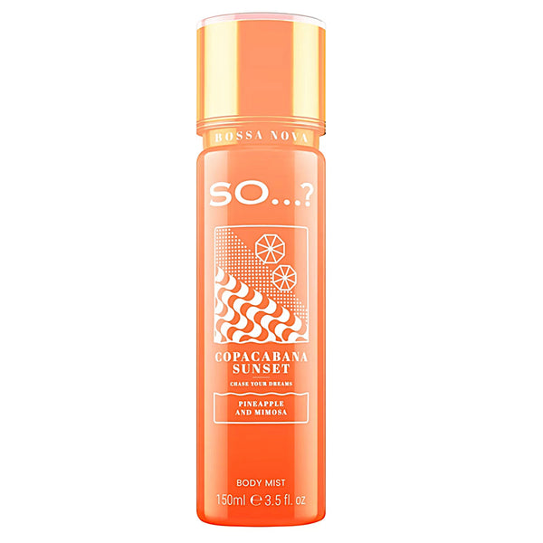 Orange body mist bottle with gold cap on a white background