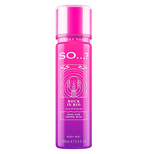 Pink body mist bottle with 'Bossa Nova' branding on a white background