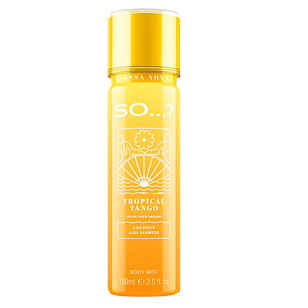 Yellow bottle of 'SO... Tropical Tango' body mist on a white background