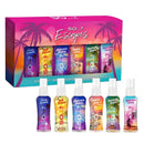 Set of So? scented products with colorful packaging and palm tree design on a white background