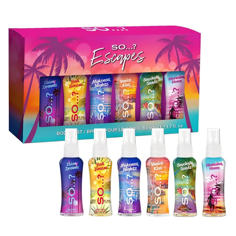 Set of So? scented products with colorful packaging and palm tree design on a white background