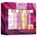Set of four body mist bottles with packaging labeled 'SO...? UNIQUE' on a white background.