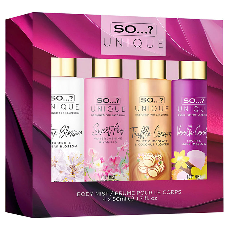 Set of four body mist bottles with packaging labeled 'SO...? UNIQUE' on a white background.