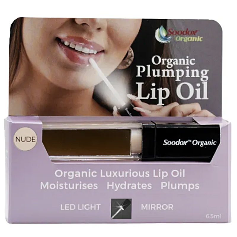 Soodox Organic plumping lip oil packaging with a woman applying the product.