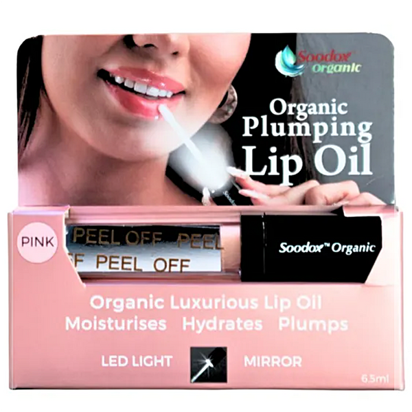 Soodor Organic plumping lip oil packaging with a woman's face and product details.