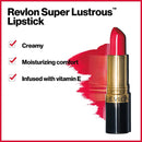 Revlon Super Lustrous lipstick with features listed on a white background