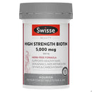 A white plastic bottle of Swisse Beauty High Strength Biotin 5,000 mcg tablets with a gray ribbed cap, shown on a plain white background.