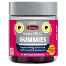 A jar of Little Swisse Iron + Vit C Gummies, featuring a gray lid and a pink and gray label with cartoon eyes, on a plain white background.