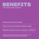 A purple informational graphic with the heading 'BENEFITS' and text for 'Little Swisse Sleep Gummies,' listing benefits such as chamomile inducing sleep, calming nerves, and reducing excess nervous energy in children.