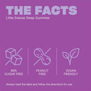 A purple informational graphic with the heading 'THE FACTS' and the product name 'Little Swisse Sleep Gummies.' It lists three feature callouts with simple line icons: sugar free, peanut free, and vegan friendly, plus a small note to read the label and follow directions for use.