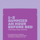 A purple product label or packaging panel with white text reading '1-2 GUMMIES AN HOUR BEFORE BED' and 'Little Swisse Sleep Gummies' on a lavender background.