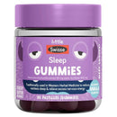 A jar of Swisse Sleep Gummies in blueberry vanilla flavor, featuring a purple label with cartoon eyes and a purple lid, containing dark purple gummies.