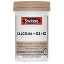 A white plastic bottle of Swisse Ultiboost Calcium + D3 + K2 dietary supplement with a beige cap and a label featuring the red and black Swisse logo.