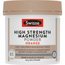 A white plastic tub of Swisse Ultiboost High Strength Magnesium Powder in Orange flavor, featuring a beige ribbed screw cap and a detailed label with product information.