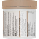 A white plastic supplement bottle with a tan ribbed cap, showing the back label with text for directions, dosage, and ingredients.