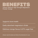 Product label for Swisse Ultiboost High Strength Magnesium Powder Berry with text on a brown background.