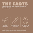 Product label for Swisse Ultiboost High Strength Magnesium Powder Orange with icons and text on a brown background.