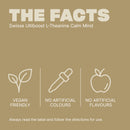 Product label for Swisse Ultiboost L-Theanine Calm Mind with icons and text on a brown background.