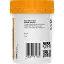 Back view of a white plastic bottle with an orange ribbed cap, showing printed text, a barcode, and recycling icons on a white background.