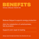 An orange informational graphic with the heading 'BENEFITS' and text reading 'Swisse Ultiboost Vitamin B3' followed by three benefit statements about energy production, metabolism, and skin repair.