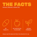 Orange informational graphic for Swisse Ultiboost Vitamin B3 tablets, with yellow and white text reading 'THE FACTS' and icons indicating 60 tablets, no artificial flavours, and vegan friendly.