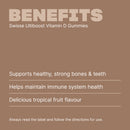 Text detailing the benefits of Swisse Ultiboost Vitamin D Gummies on a brown background