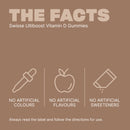 Product label for Swisse Ultiboost Vitamin D Gummies with icons and text on a brown background.