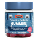 A jar of Swisse Prebiotic + Probiotic Gummies for children, featuring a blue lid and a blue label with cartoon eyes, showing the raspberry-flavored gummies inside.