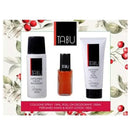 Tabu personal care product set with bottles and packaging on a floral background