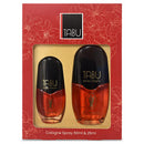 A boxed fragrance gift set containing two TABU spray cologne bottles, one 50ml and one 25ml, in a red floral box with a gold inner tray. The bottles have black caps and amber-red liquid.