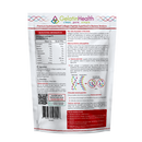 Back view of a GelatinHealth Clean Pure Tendon supplement pouch, showing nutritional information, ingredients, directions, and benefit callouts on a white background.