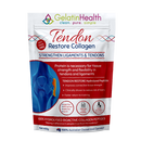 A stand-up pouch of GelatinHealth Tendon Restore Collagen powder, featuring a white and red design with a blue anatomical illustration of a human foot and knee.