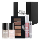 The Ultimate Make Up Kit Beauty Edition Nails Eyes Lips MUD Essence featuring nail polishes, eyeshadow palette, lip gloss and nail clippers on a white background