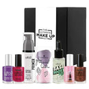 The Ultimate Make Up Kit Complete Edition for Nails Ulta3 Essence featuring nail polishes, hydrating make up base, sponge set and hydrating drop on a white background