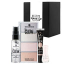 The Ultimate Make Up Kit Dewy Edition for Nails Essence featuring finish spray, highlighter palette, liquid highlighter and gel nail polish on a white background