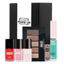 The Ultimate Make Up Kit Happy Edition for Eyes Nails Lips MUD Essence featuring nail polishes, eyeshadow palette, lip paint and mascara on a white background
