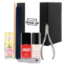 The Ultimate Make Up Kit Nail Edition for Nails MUD Makeup Design Essence featuring nail polishes, reparing oil, nail clippers, manicure clipper, and ivory board on a white background