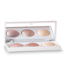 Makeup palette with six round, reflective shades on a white background