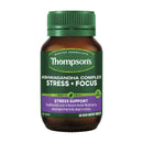 A bottle of Thompson's Ashwagandha Complex Stress + Focus dietary supplement, featuring an amber brown bottle, a green cap, and a green and purple label.