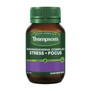 Thompson's Ashwagandha Complex Stress + Focus supplement bottle, featuring an amber brown container, a green cap, and a green and purple label.