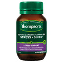 Thompson's Ashwagandha Complex Stress + Sleep supplement in an amber brown bottle with a green cap and a green, white, and purple label.