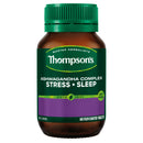 A bottle of Thompson's Ashwagandha Complex Stress + Sleep tablets, featuring a dark green cap and label with a purple band at the bottom, on a white background.
