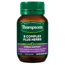 A bottle of Thompson's B Complex Plus Herbs dietary supplement, featuring a dark green label and cap, with white and purple text, on a plain white background.