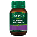 A bottle of Thompson's B Complex Plus Herbs dietary supplement, featuring a dark green cap and label with a purple band at the bottom, on a plain white background.