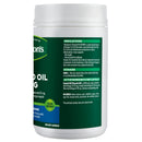 Supplement container with green label on a white background