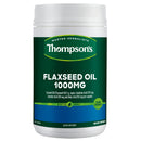 A white plastic bottle of Thompson's Flaxseed Oil 1000MG dietary supplement, featuring a dark green and blue label with white text.
